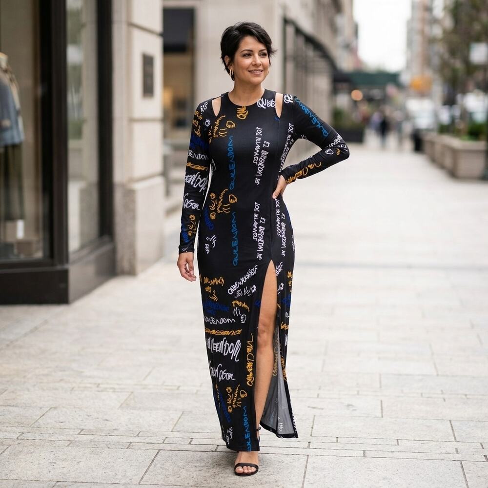 H&M Studio Black Graffiti Graphic Print Maxi Dress Women See Measurements